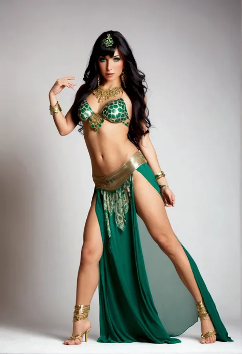 A cute woman (cute, age 20, sexy sheer belly dance dress serpent styling, thong, shaved pubic region, long silky black hair, jade green eyes, lovely tan, serpent tattoos, gold body jewelry, flashy gold anklets serpent theme, bare feet) is doing a sultry da...