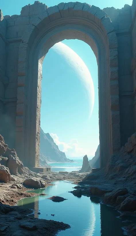 ancient portal destroyed in ancient volcano((cosmic light effect in portal frame)), fantasy, ruins of alien federation civilization, concept art, blue sky, reflection in water pool, big white planet appears behind it, --ar 34:65 --raw style, taken with Son...