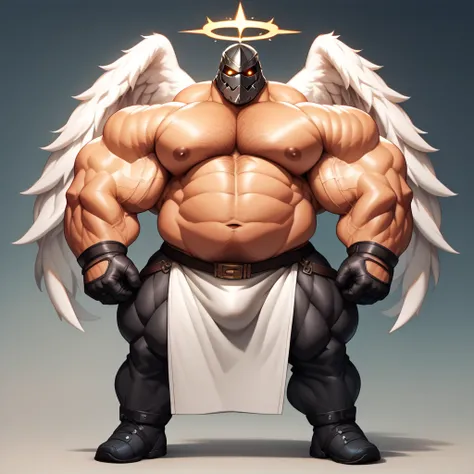 a man with a big giant musclegut tall wide body with big fat belly using angel white robe, black glove, black pants, and masked which cover all of his face. Full body, standing still, solo, very big, very tall, very wide, very muscular, very fat, big belly...