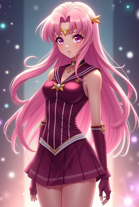 Create an 18 year old anime girl 1 ,80 tall she is said to be a sailor warrior from the anime Sailor Moon her sailor uniform should be wine red she should have pink blonde hair that reaches her back and her eye color should also be pink 