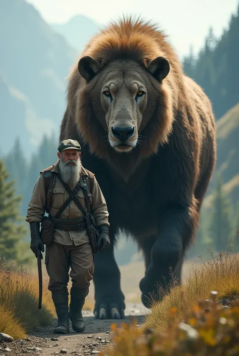 A man walks in the company of a large animal