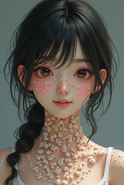 Japanese gal, lots of small grains on face and her all body:5.0,pus-like White grains, her  skin causes tritophobia:2.0、smile