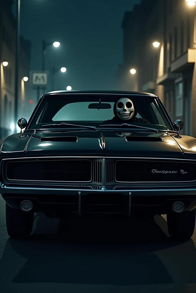 You can create a man in a car on a street wearing a ghost face mask at night inside a black Dodge Charger RT 1970 car posing not so gloomy a little more casual.