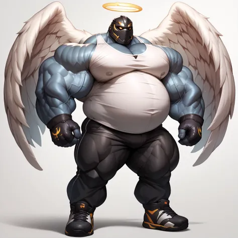 a man with a big giant musclegut tall wide body with big fat belly using white shirt, black glove, black pants, and masked which cover all of his face. Full body, standing still, solo, very big, very tall, very wide, very muscular, very fat, big belly, fat...