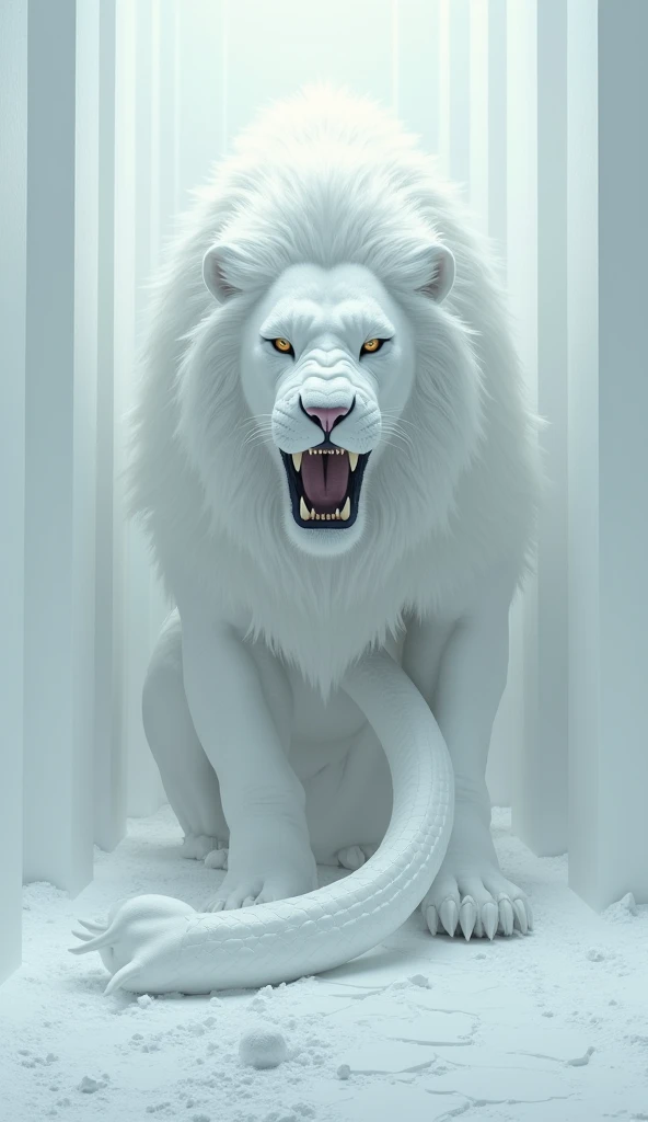 Merge a white lion and a White serpent into a terrifying, menacing giant hybrid creature: the creature must be in a white-walled environment with white soil.