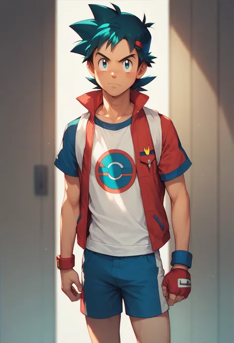 ash ketchum, boy (()), cartoon pokemon, most similar to the character, standing alone in the room, looking straight