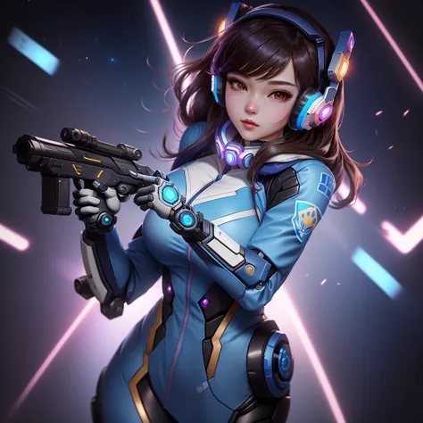 a woman in a blue suit with headphones and a gun, d. va from overwatch, portrait anime space cadet girl, inspired by Leng Mei, from overwatch, android heroine, female protagonist 👀 :8, echo from overwatch, as an overwatch character, biomechanical oppai, an...