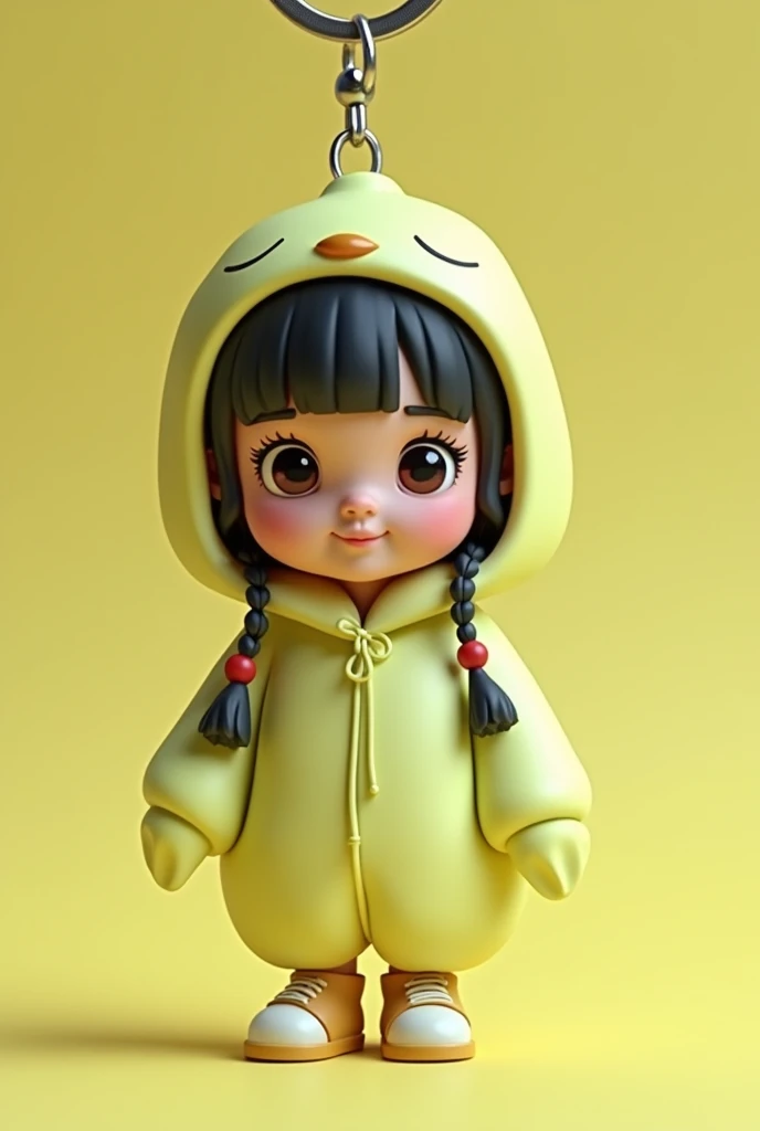 3D caricature of a semi slight  girl wearing cream pigeon costume, key chain. High-quality realistic photo, and there is the name "HUNGRY CREAM PIGEON" in 3D letter style, embossed and realistic, in green yellow, indium white and black, 