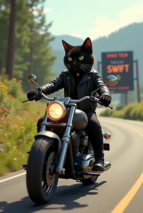  create an image of a black cat riding a motorcycle on its way to Taylor Swifts Eras Tour? (You must see the concert sign in the distance )