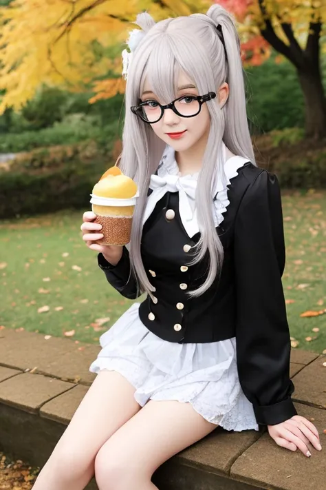 【 situations 】 depicts the information written here with the highest priority 
[ pose]
 fall color outfit
Lolita fashion
twin tail
Girl sitting
black-rimmed glasses
gentle smile
Hold a sandwich in your right hand
Extend your right hand to the front
Place y...