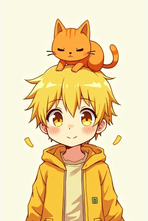 Cute Japanese anime boy yellow hair and eyes yellow jacket with a orange cat on top of the head