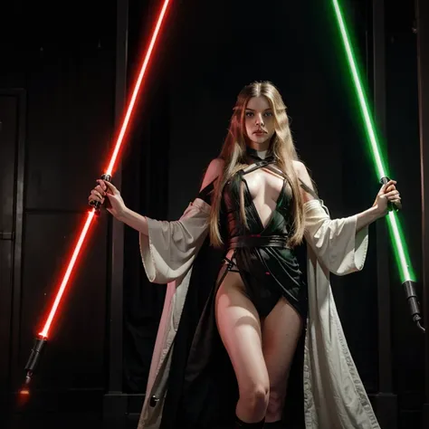 Create a young white skin Sith apprentice with long hair, beautiful green eyes. In provocative Sith robes. Using a red lightsaber. Height 160 cm weight 52 kg. Standing at attention on a ship. She holds several Jedi prisoners in chains.