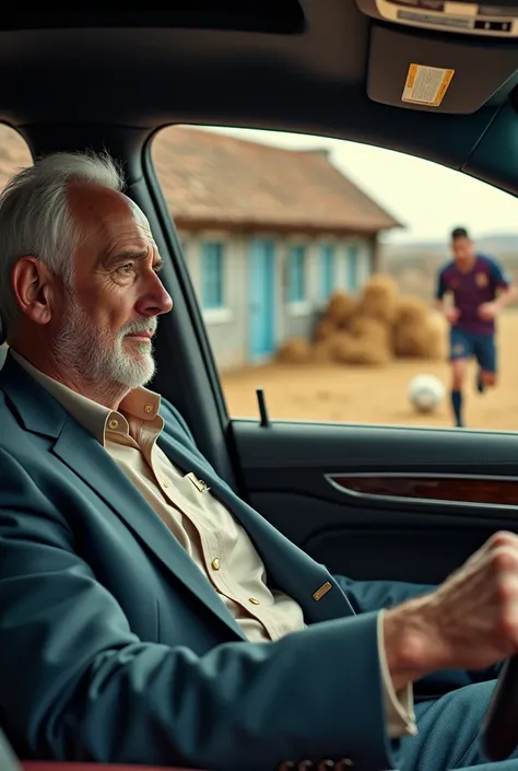 An old richer man in her Bentley mulsane, watching Messi, Messi playing football, Messi in torn clothes,background cows shed and hay,car inside view, Messi playing football 