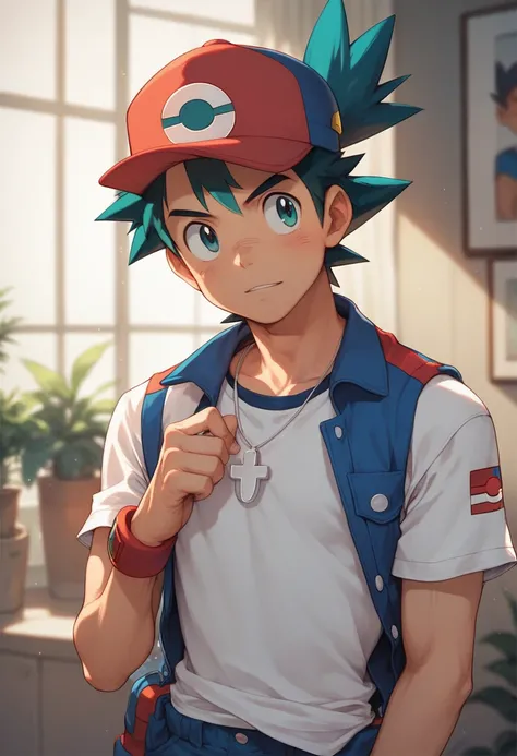 ash ketchum, boy (()), cartoon pokemon, most similar to the character, standing alone in the room, looking straight, cap on his head