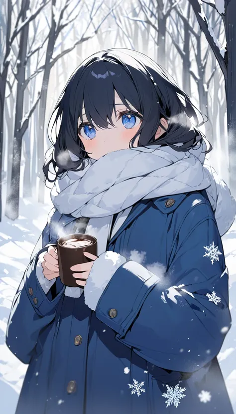 A shy anime girl with long black hair and blue eyes, bundled in a fluffy white scarf and a stylish blue coat, walking through a snow-covered park with snowflakes gently falling, holding a steaming cup of hot chocolate."
