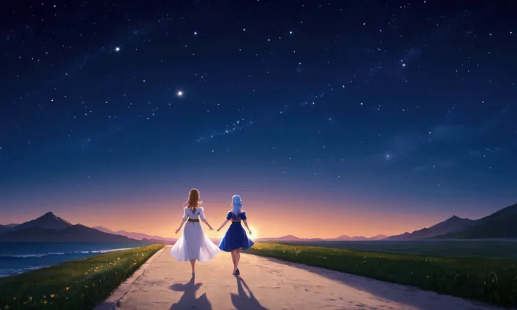 1girl, walking, night sky, star (sky)