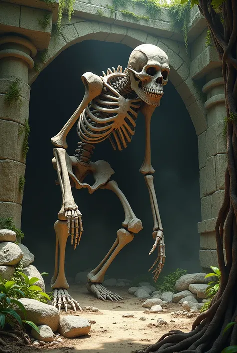 "monkey and bones", "ape ruins", "primate skeleton"