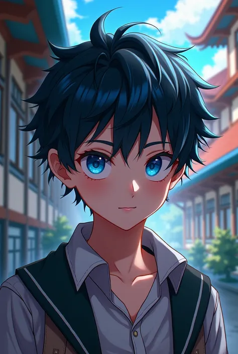 Draw a young 18-year-old boy with black hair
 wavy bright blue eyes, enigmatic smile and casual outfit in front of a Japanese mango-style school 