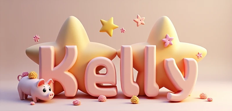 3D Stars with "kelly" name below cute, Big text, small pig