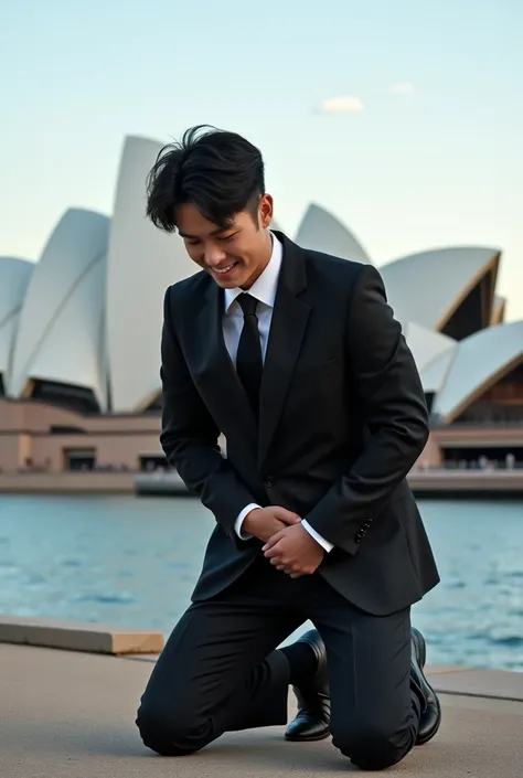 Sydney Opera house in Australian，charming and sexy Japanese man. mans crotch testicles hurt a lot，Kneeling on the ground， holding their crotch testicles with two hands，grab the crotch testicles with both hands. black suit，black tie，black socks, black leath...