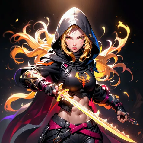 a hooded female thief assassin, golden hair, shrouded in shadows, holding a burning dagger in each hand, vibrant glowing abyss colors, full body shot, radiating electric energy, messy shoulder-length hair, detailed face, piercing eyes, beautiful lips, dram...