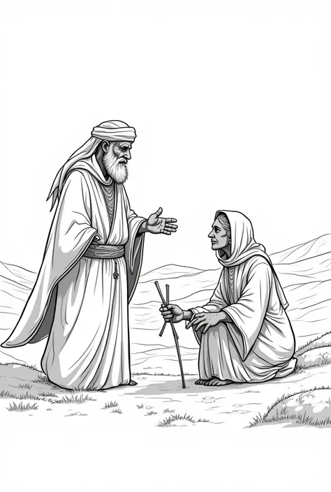 Black and white outlined colouring pictures, rens colouring bookstyle of an elderly middle eastern woman and her  gathering sticks and a middle eastern man who is a prophet talks to hero