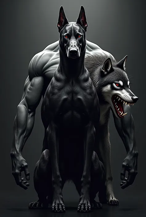 DRAW UP AN IMAGE OF A POLICE SYMBOL WITH A DOBERMAN CROSSING HIS ARMS INSIDE THE SYMBOL, With the black and white wolf with the red eye and with the mouth open with hate and with the gray shirt