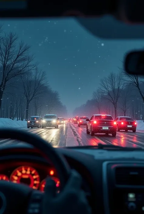 Make an image from the perspective of someone who is in a car stuck in traffic at night and in snowy weather.  That the image is more focused on showing traffic in addition to the image being in the first person and animated. That theres a lot of traffic t...