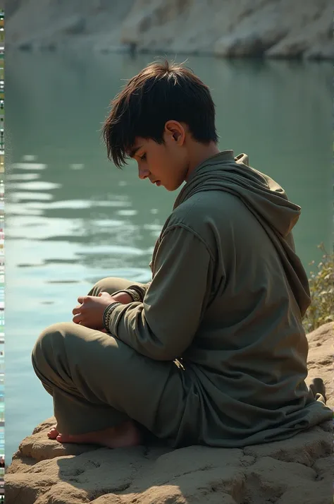 A young boy dressed as a religious scholar, wearing a Panjabi, sitting sadly by a riverside.

 HART BORKEN SMOLL BOY