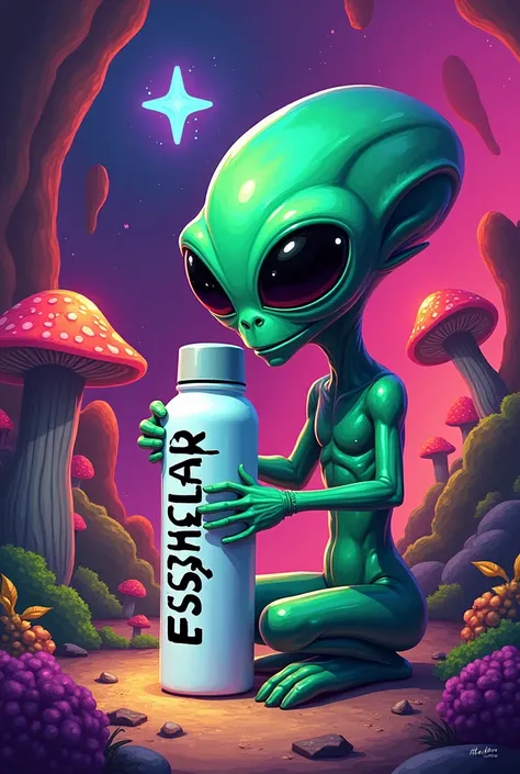  An alien with a psychedelic appearance is holding a cylindrical thermos, white and smooth ,  with the name PSYCHELAB written vertically in a stylized font , Black, with an irregular appearance and a touch of boldness ,  as if it had been hand painted or g...