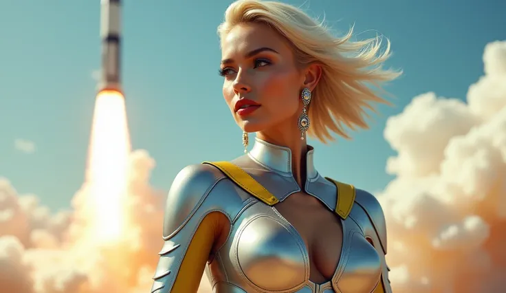 ((Best quality, 8k, masterpiece:2)), A stunning blonde woman with a flawless face, smooth glowing skin, and strikingly detailed features, including bold red lips and piercing eyes. She is wearing futuristic metallic armor with yellow accents that highlight...