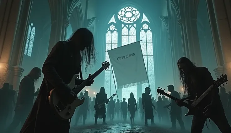 inside of gothic church, close up of one guitar player zombie with long hair playing a solo, there is a white big banner behind the band that says: GRACELESS ,  hordes of zombies around them with rotting flesh,   towering spires cracked and partially colla...