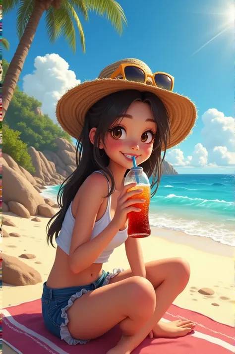 
" Generate an image of a young, smiling girl on the beach ,  drinking from a soda bottle .  The image must have a resolution of 1024x768 , a realistic art style ,  natural lighting ,  vivid colors and textures of sand and stone .  The background must be a...