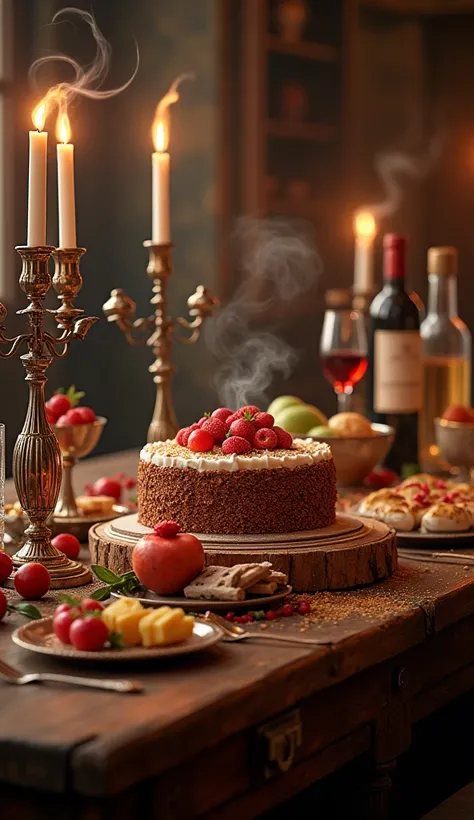 a banquet on a wooden table,with fruits, the cake, candles in beautiful candlesticks , incense , wines