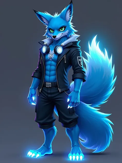 Create me an anthropomorphic humanoid fox animal that has its coat colors The coat of the chest that is black and the fur of the rest of the body that is electric blue and the claws that are luminous of a white color of one and its height that is one meter...