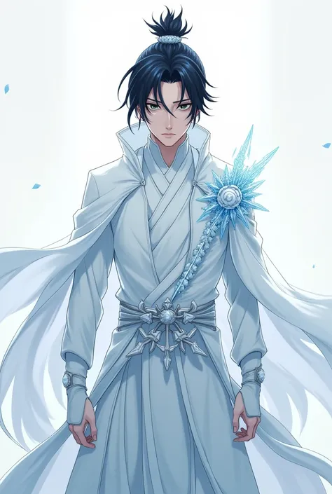 THE ANIME-STYLE IMAGE OF A MAN WITH BLACK HAIR, BLACK EYES AND WEARING AN ALL-WHITE ICE SAM SUIT WITH A DELICATE SNOW PATTERN, MUST BE SEEN IN FULL FROM HEAD TO TOE.