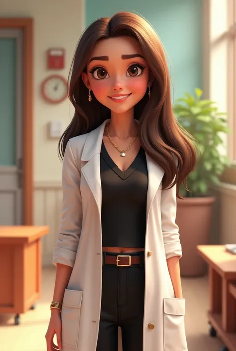  a 22-year-old woman, with long brown hair smooth ,  round face, round face with charming smile thin arched eyebrows delicate earring, and brown eyes, of lab coat ,black tailoring clothing with simple necklace bracelet and earring . pixar animation