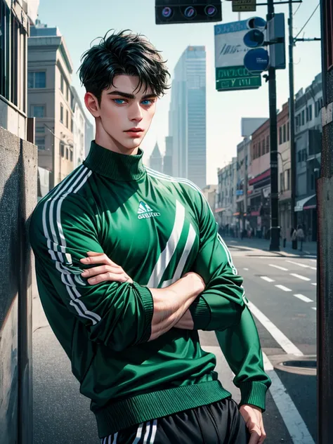 Handsome young man, black hair short hair, blue eyes, ombros largos, masterpiece, Absurd, Beautiful and detailed face, with arms crossed, Looking at the viewer, with dark green adidas long sleeve sweater, daytime environment, an athletics track