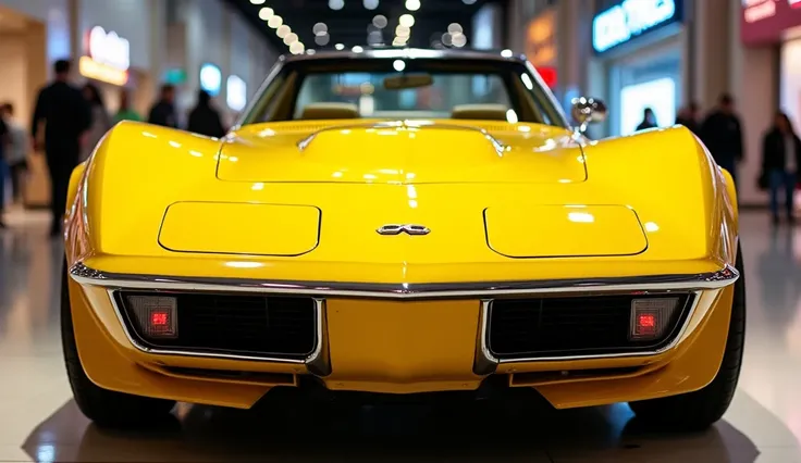 stunning front classic of the futuristic 1970 Chevey Corvette stingray c2 full modified in pristine full yellow showcasing its sleek and modern design. The athletic and luxurious appearance is accentuated by sharp lines and curves, creating a sense of eleg...