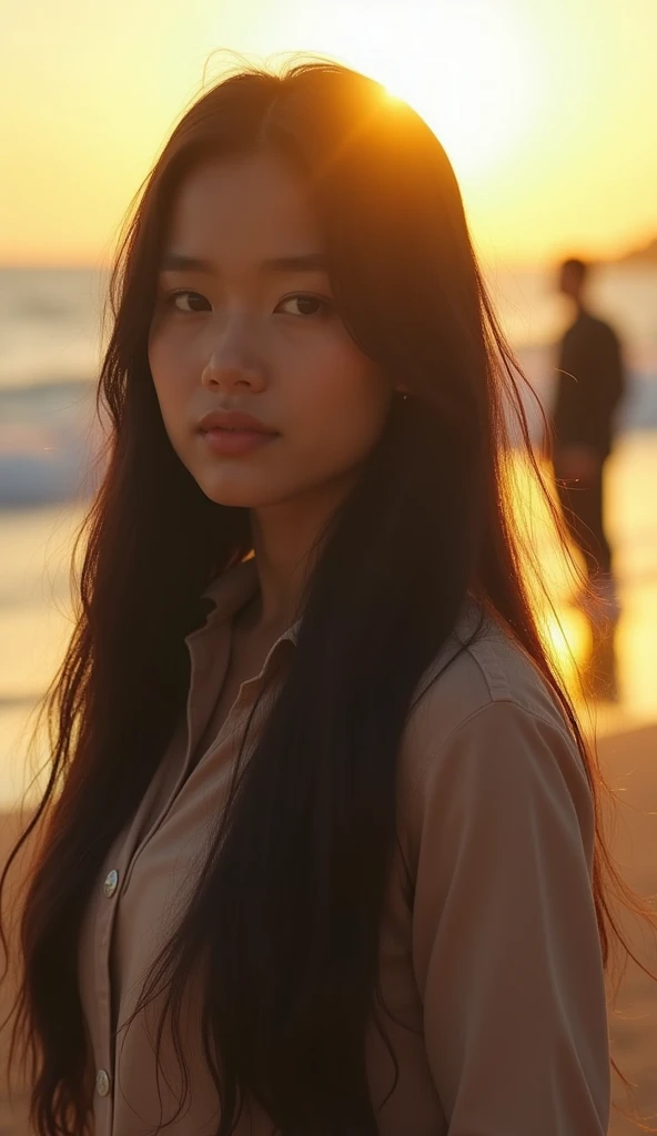 A realistic and dramatic scene near the beach, focusing on a young, beautiful Malay woman with long hair, wearing modest attire. She appears emotionless, gazing blankly into the distance. The blurry silhouette of a man is visible in the background due to a...