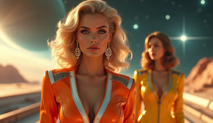 ((Best quality, 8k, masterpiece:2)), Two stunning women in a futuristic spaceship setting, wearing vibrant retro-futuristic space uniforms. The woman in the foreground has flawless skin, sharp facial features, and bold makeup, with her voluminous blonde ha...