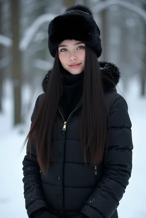 Give me an image that is real and exact of an 18-year-old girl who is in the snow, that is, a snow forest behind her, that girl is beautiful straight black hair, long blue eyes, white skin who wears elegant black snowwear. The clothes are black, one of tho...