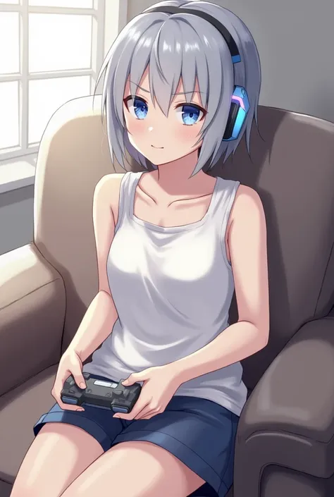 1boy, High Resolution, Masterpiece, Best Quality, smooth skin, beautiful face, blue eyes short hair, sitting at couch, room background, Loose tanktop, gamer headset, gaming controller on hand, looking at viewer, awkward smile, petite body, femboy