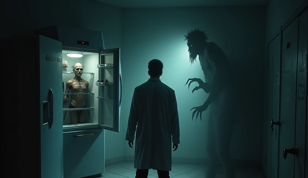  A medical examiner with his back ,  trapped in a dark room . In front of him,  a  and twisted figure emerges from an open refrigerator,  with symbolic marks on his torso and bright eyes . Behind the doctor ,  shadows seem to come to life ,  forming faces ...