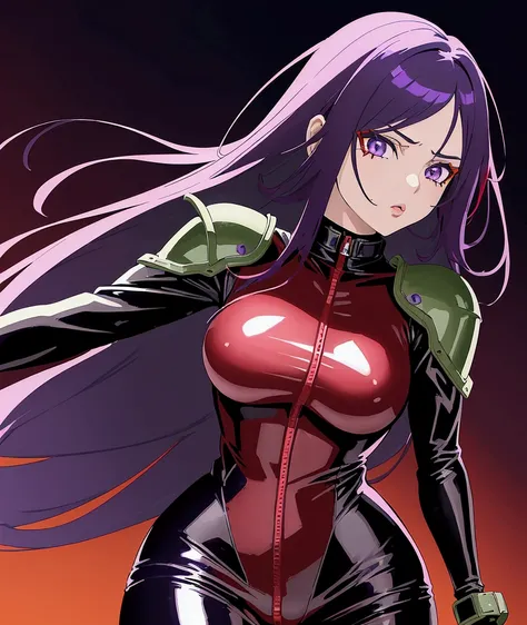 1girl, beautiful anime girl, red and black leather catsuit, dark green shoulderpads, highly skilled cool ace pilot, shoulder-length purple hair, purple eyes, dramatic colors, masterpiece, beautiful detailed eyes, extremely detailed face, award-winning