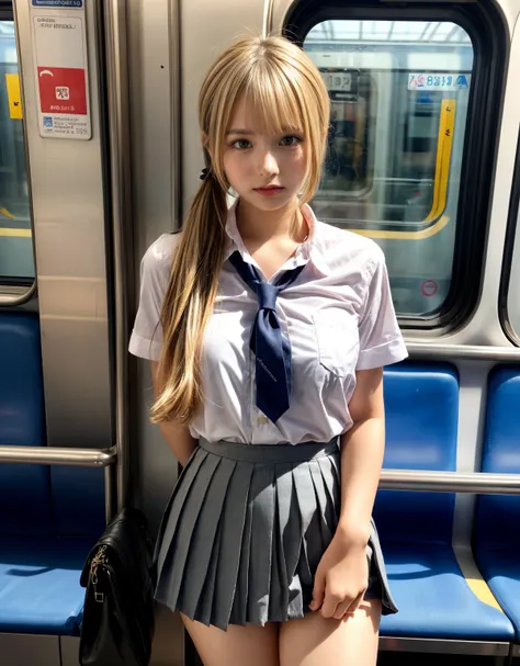 masutepiece, of the highest quality, High resolution, 
grasp, , 
High school girl grabbed by the buttocks on the train, 
(School uniform, Pleated skirt), 
Beautiful One Girl, a blond, Side Ponytail, Beautiful face, Beautiful detailed eyes, Beautiful body, ...