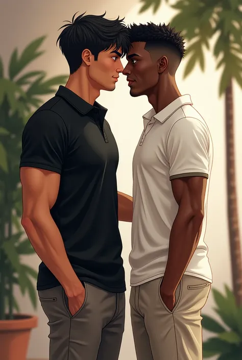  TWO FRIENDS ONE BLACK HAIR , Chino,  athletic body ,  BLACK POLO AND BLACK PANTS ,  THE OTHER FRIEND BLACK HAIR , DENSE FACE ,  BUSY SEJAS SMALL EYES , big nose,  slim body,  WHITE POLO SHIRT AND SHORT PANTS 