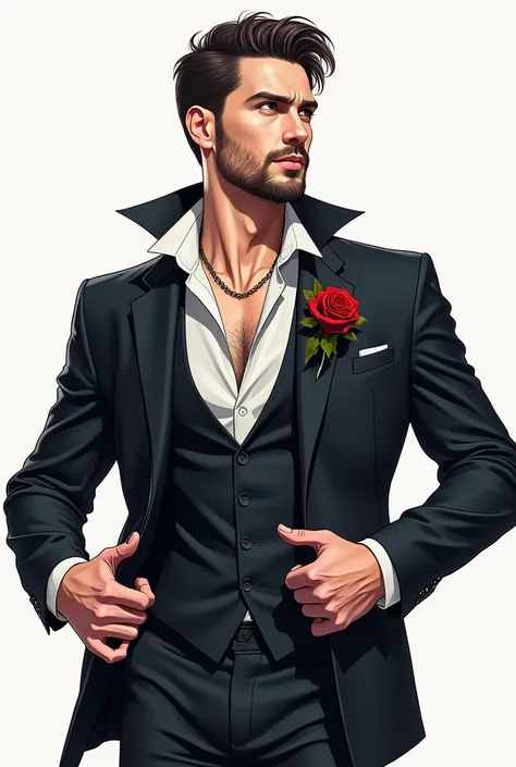 Hot handsome vampire with short hair and beard taking off his full suit colored line art clean 