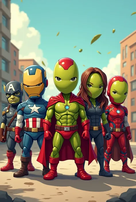 Create a Cartoon-style image of olives dressed as Marvels Avengers