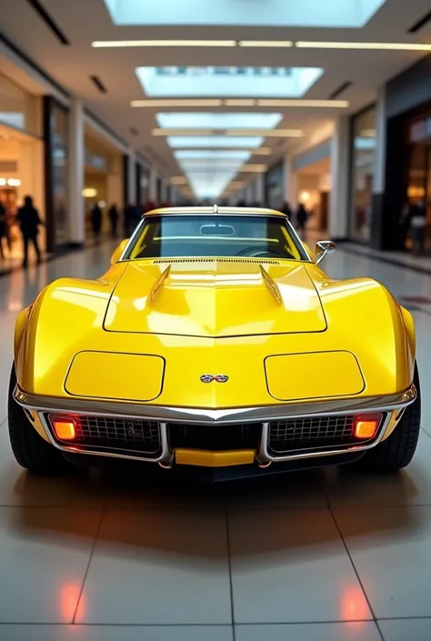 stunning front side classic of the futuristic 1970 Chevey Corvette stingray c2 full modified in pristine full yellow showcasing its sleek and modern design. The athletic and luxurious appearance is accentuated by sharp lines and curves, creating a sense of...